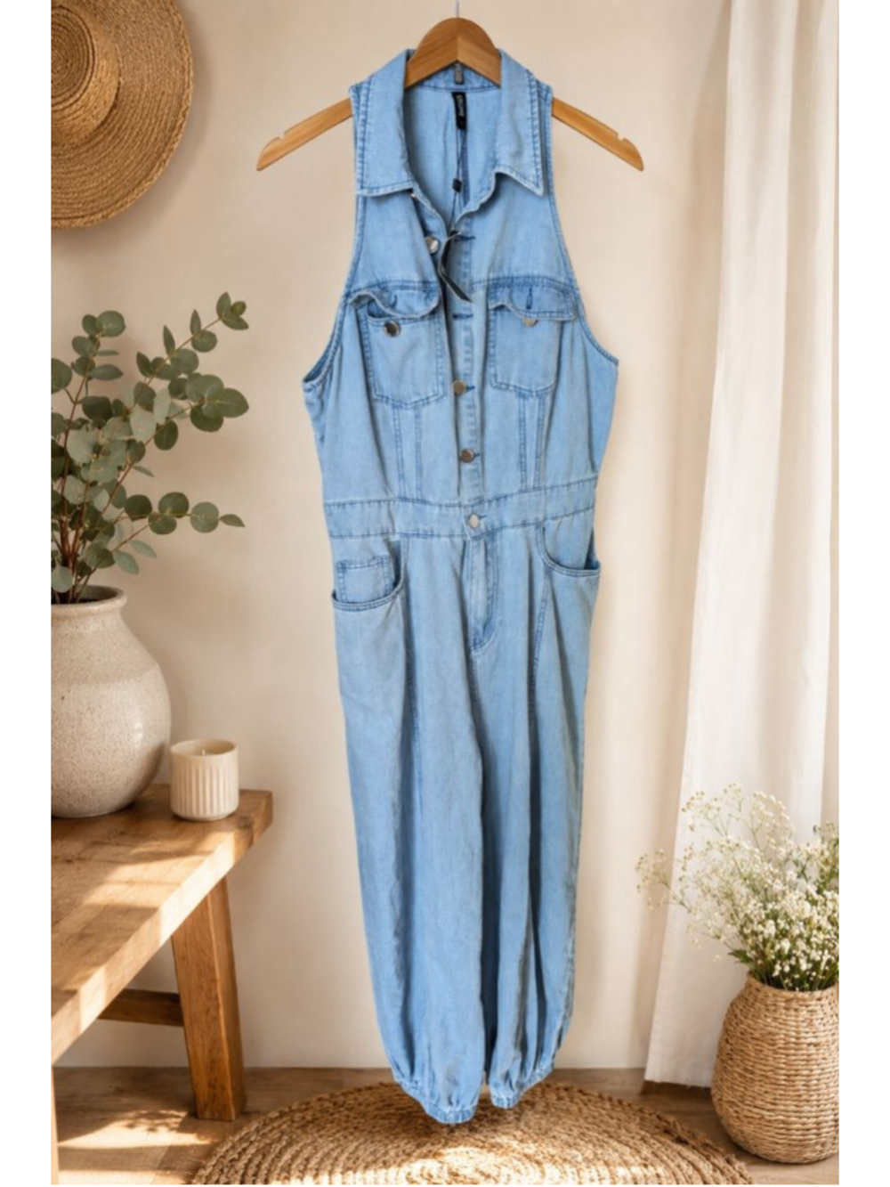 STYLEWE Denim Utility Jumpsuit Sleeveless Button Front Light Wash NWT Size L